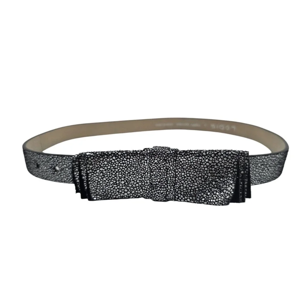 Lodis Womens L Black Silver Metallic Leather Bow Double Stud Skinny Belt